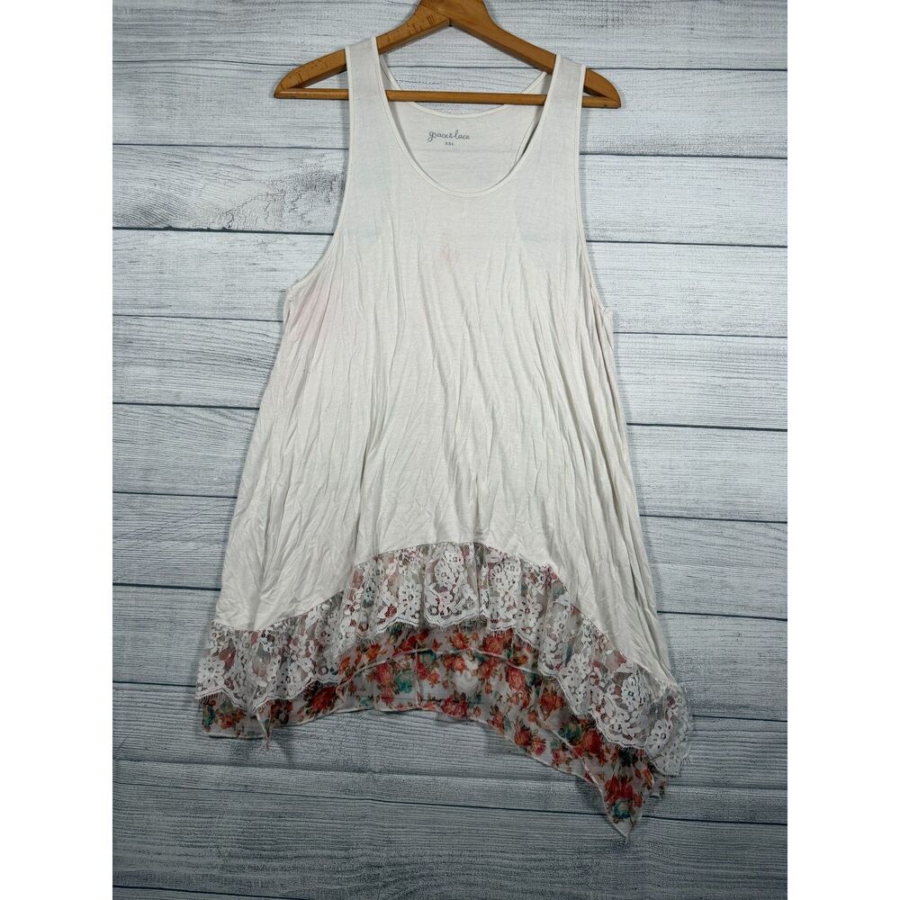 Grace & Lace Womens XXL Ivory Floral Lace High Low Boho Tunic Tank Top 4242